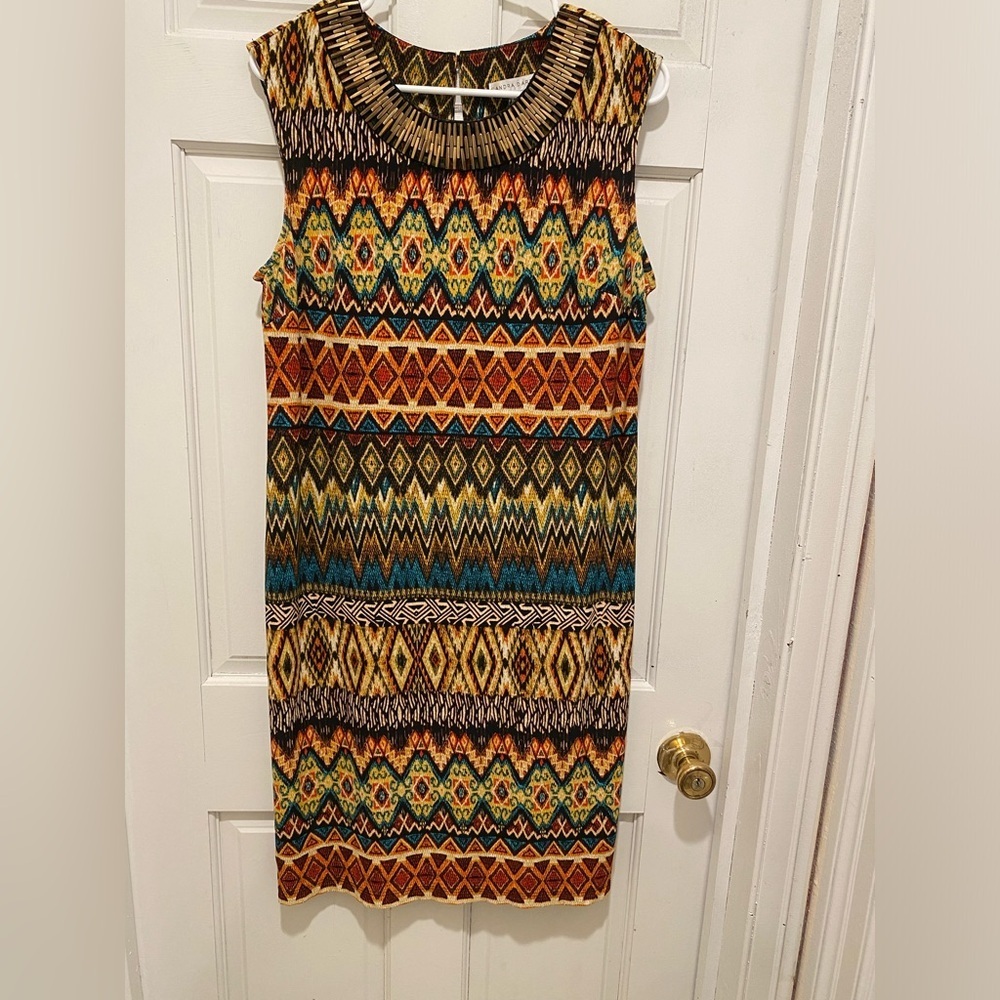 Sandra Darren Brown and Blue Sheath Midi Dress